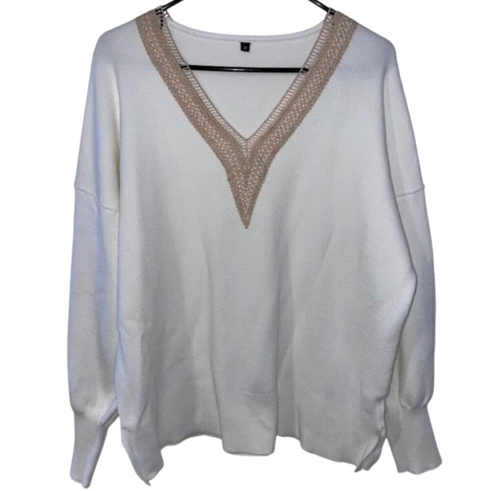 Womens Oversized V-Neck Ivory Sweater Pullover Crochet Knit Neckline Boho Cozy - Picture 2 of 12